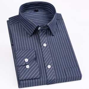 Men's Classic Plaid Striped Long Sleeve Dress Shirt Single Patch Pocket Formal Business Standard-fit Social Work Office Shirts